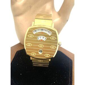 Gucci Unisex Watch YA157403 Grip Swiss Quartz Jump Hour Dial Gold Steel 35mm